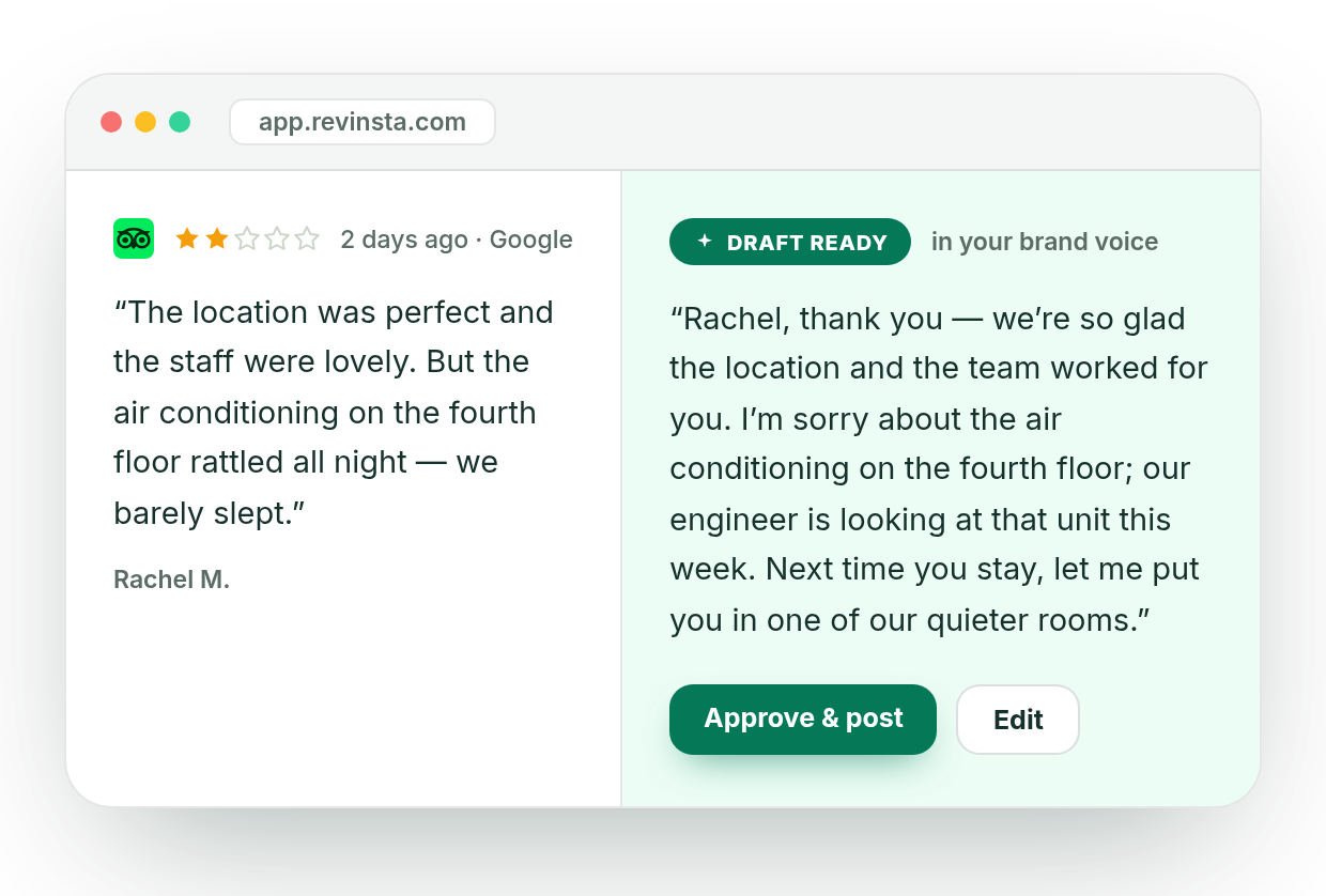 Revinsta, AI hotel reputation management software: a guest review about noisy air conditioning beside a reply already drafted in the hotel's own voice, ready to approve and post.