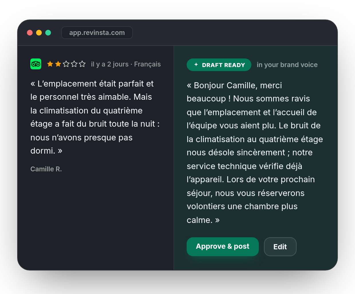 The Revinsta inbox: a two-star Tripadvisor review in French about noisy air conditioning, beside a reply already drafted in the hotel's own voice, ready to approve and post.
