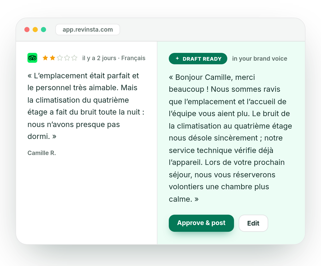 The Revinsta inbox: a two-star Tripadvisor review in French about noisy air conditioning, beside a reply already drafted in the hotel's own voice, ready to approve and post.