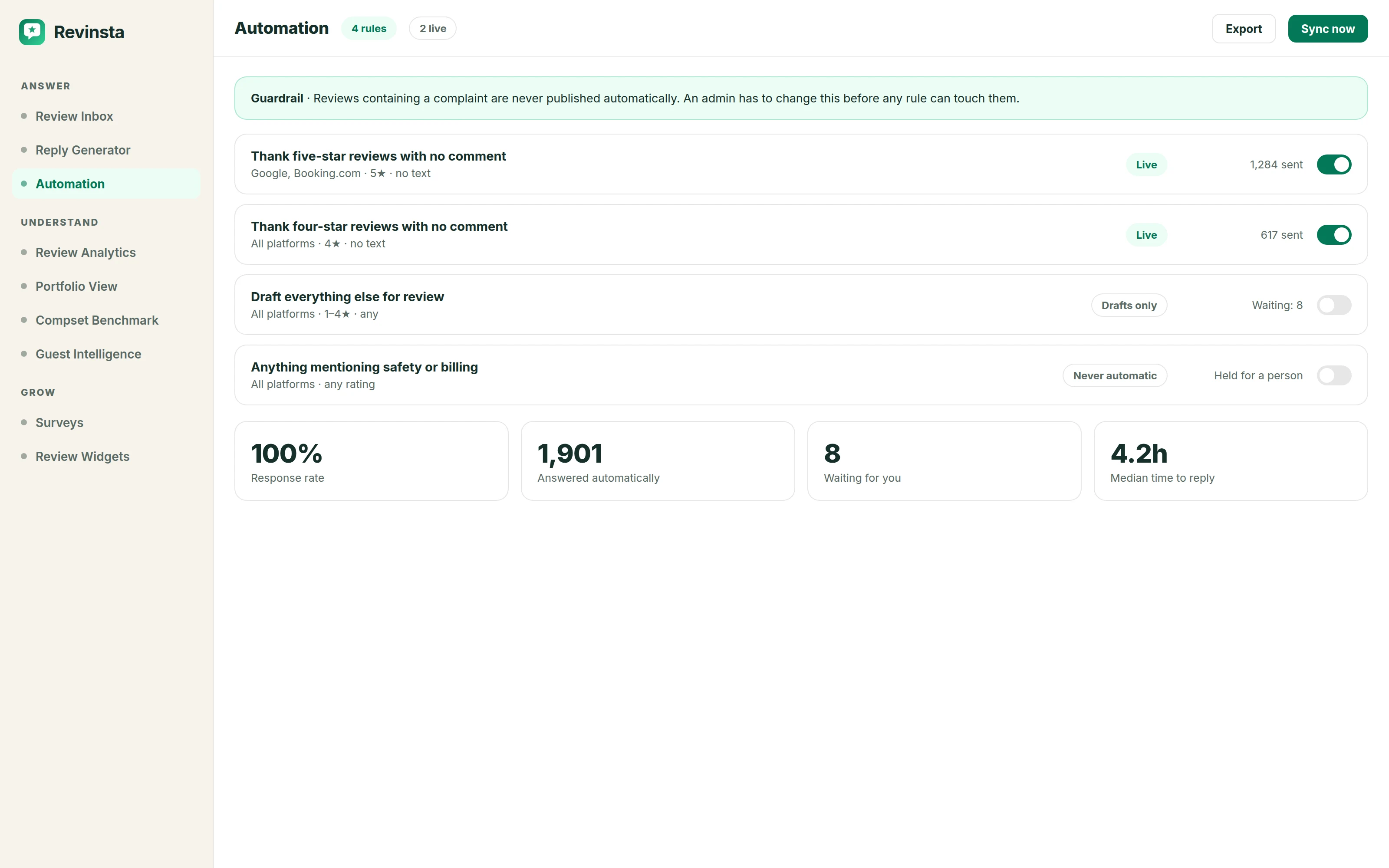 Revinsta automation rules deciding which reviews are answered automatically and which wait for a person.