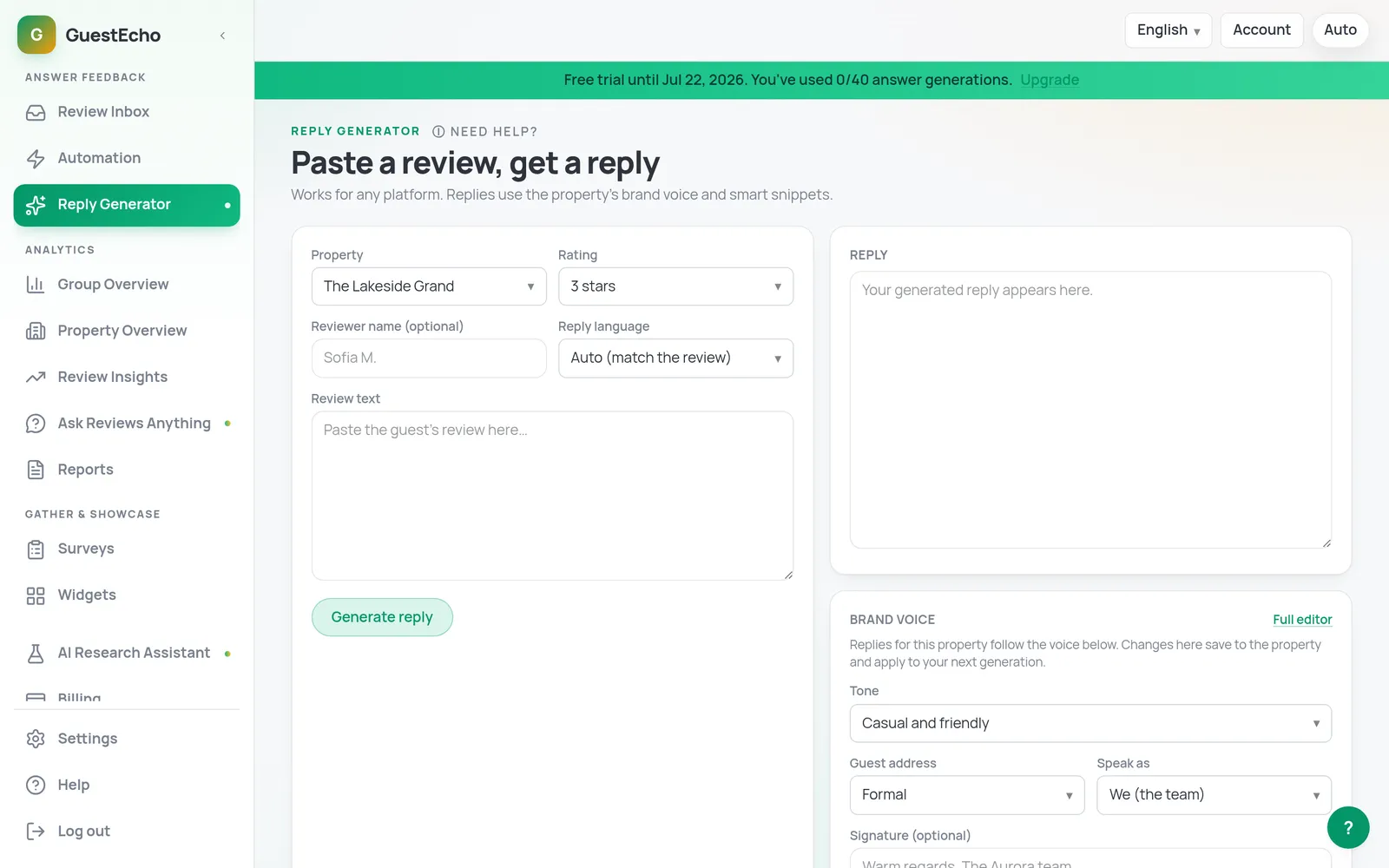 Reply Generator - A reply drafted in your voice, ready to send