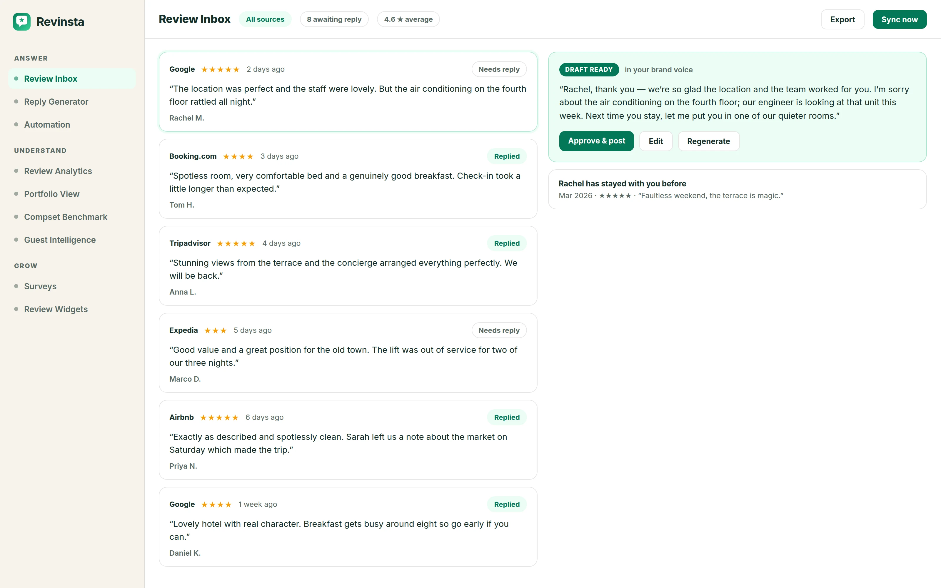 The Revinsta review inbox showing guest reviews from several booking sites side by side with their drafted replies.
